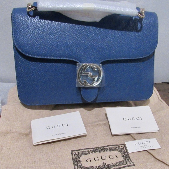 NWT GUCCI $3200 Dollar GG clasp Medium pebbled leather shoulder BAG Blue w cards - Picture 1 of 8